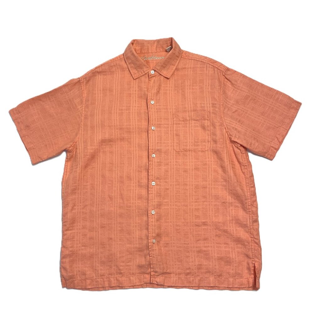 Caribbean Camp Shirt Men's L Linen Blend Short Sleeve Button Up Resort Cruise